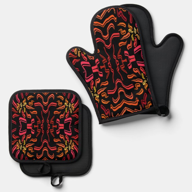 Shades Of Orange Red Yellow Ribbon Art Design Oven Mitt & Pot Holder Set (Front/Back)