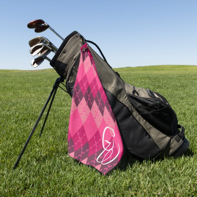 Shades of Pink Argyle Sporty Preppy Personalized  Golf Towel (Green)