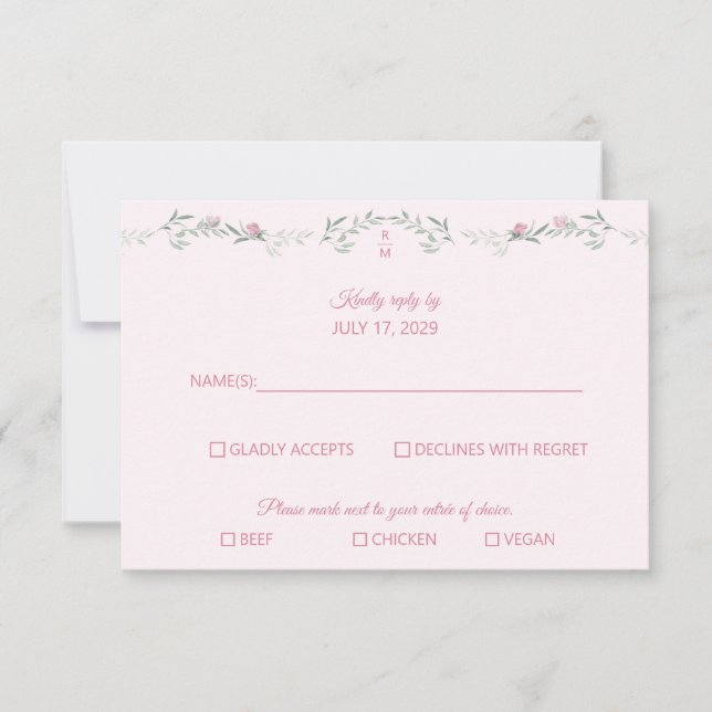 Shades of Pink Foliage Monogram RSVP Response Card (Front)