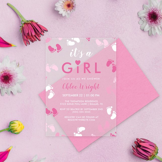 Shades of Pink It's A Girl Baby Footprints Acrylic Invitations (Creator Uploaded)