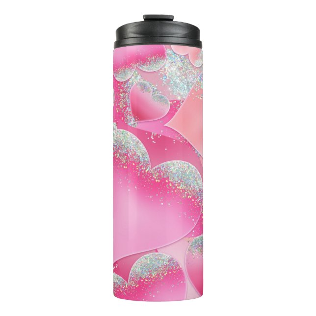 SHADES OF PINK & PEACH IRRIDESCENT HEARTS THERMAL TUMBLER (Front)
