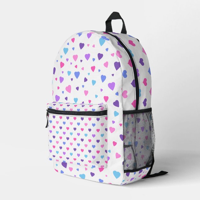 SHADES OF PINK PURPLE BLUE RANDOM HEARTS PRINTED BACKPACK (Back Corner Right)
