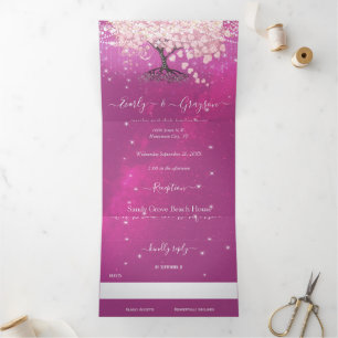 Shades of Pink & Purple Heart Leaf Tree Wedding Tri-Fold Invitation