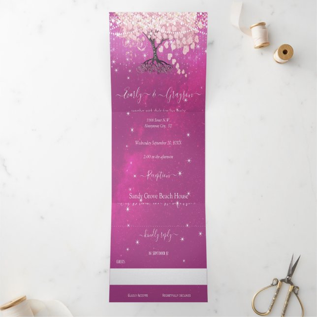 Shades of Pink & Purple Heart Leaf Tree Wedding Tri-Fold Invitation (Inside)