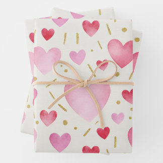 Shades of Pink Watercolor & Gold Glitter Hearts Wrapping Paper Sheet