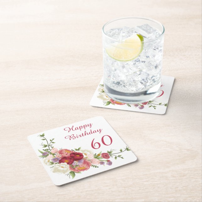 Shades of Pink White Peony Flower Happy Birthday Square Paper Coaster (Insitu)
