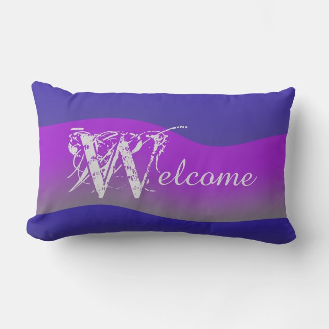 Shades of Purple on Blue Outdoor "Welcome" Lumbar Pillow (Front)