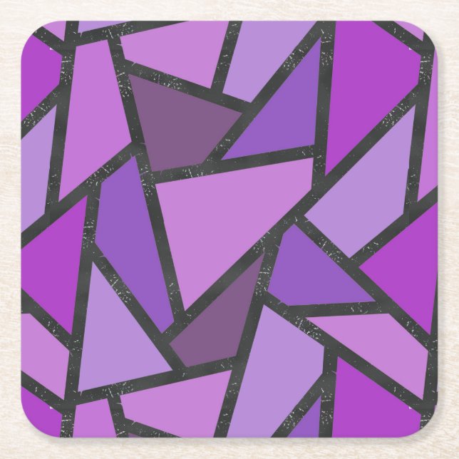 Shades of purple stained glass pattern square paper coaster (Front)