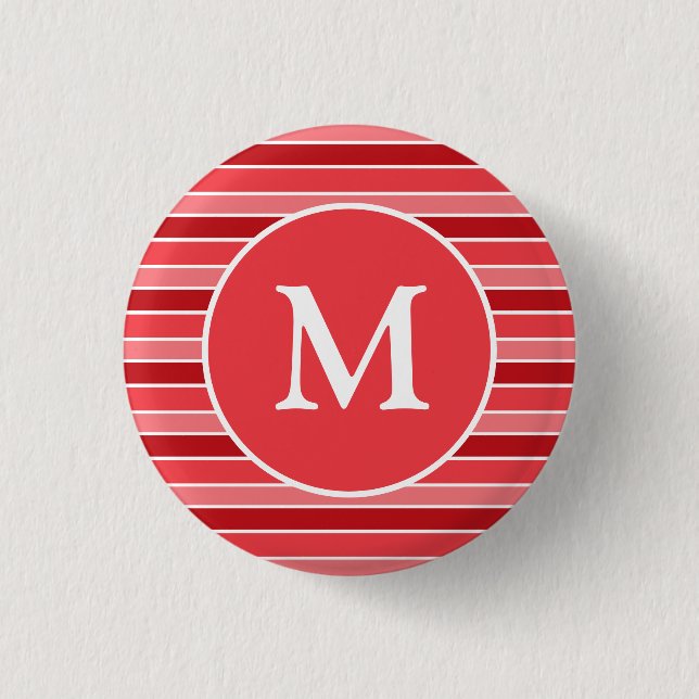 Shades of Red and White Striped Monogrammed 1 Inch Round Button (Front)