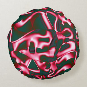 Shades of red pink on abstract tapes up dark cyan round pillow