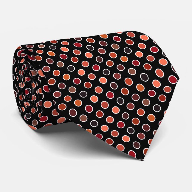 Shades of Red Salsa Polka Dots on Black Tie (Rolled)