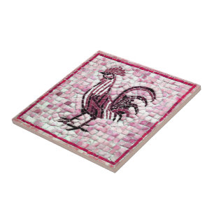 Shades of Red White Black Mosaic Rooster Design Tile