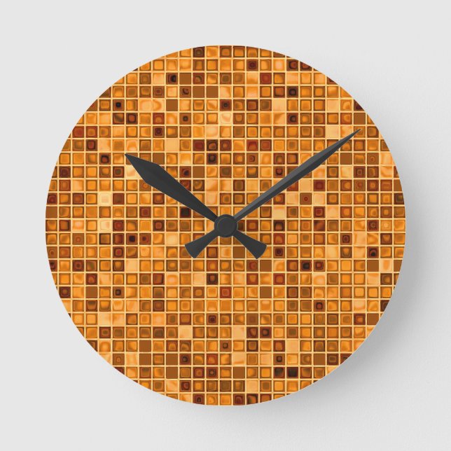 Shades Of Rust Orange 'Watery' Mosaic Tile Pattern Round Clock (Front)