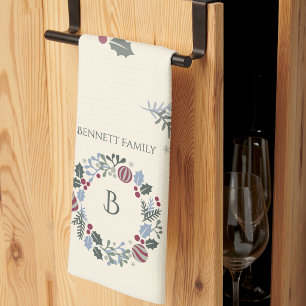 Shades of Sage Christmas Wreath Monogram Gift Kitchen Towel