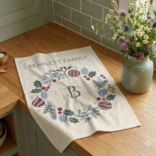 Shades of Sage Christmas Wreath Monogram Gift Kitchen Towel