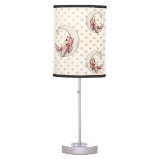 SHADES OF TAN HEARTS WITH SLEEPING BEARS ON MOON TABLE LAMP