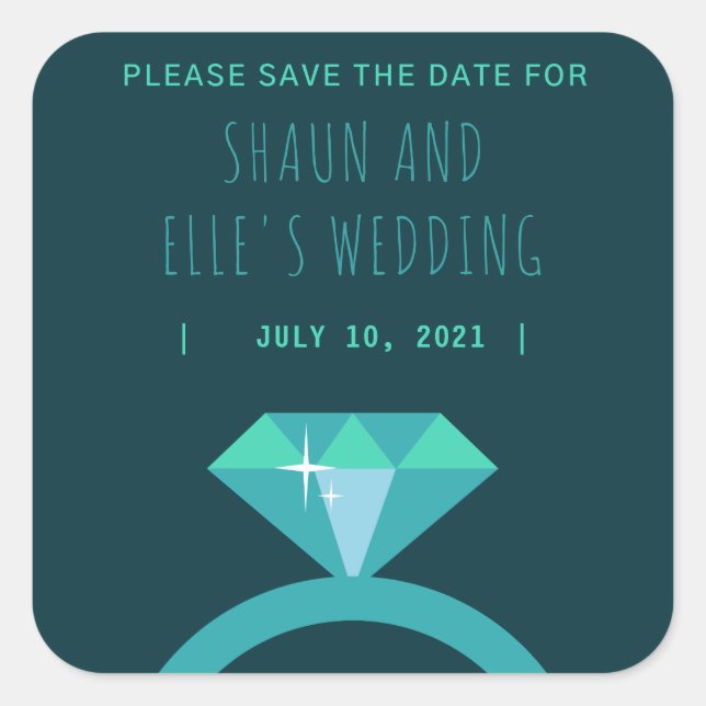 Shades of Teal Diamond Ring Save The Date Square Sticker (Front)