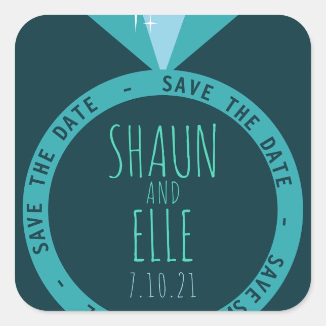 Shades of Teal Diamond Ring Save The Date Square Sticker (Front)
