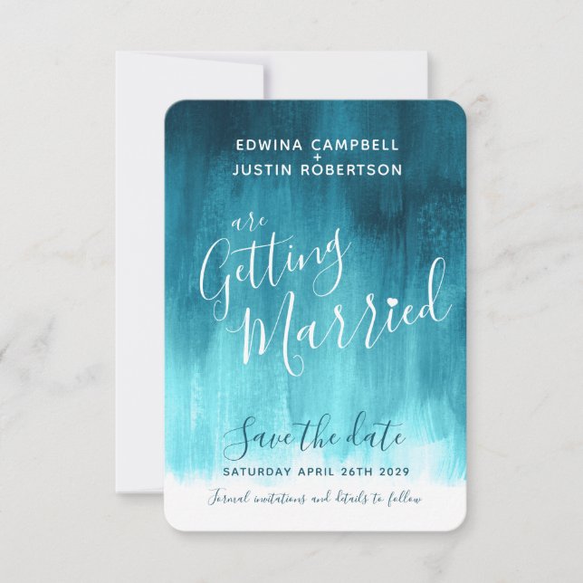 Shades of teal modern art save the date cards (Front)