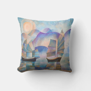 Shades of Tranquillity Oriental Junks Throw Pillow