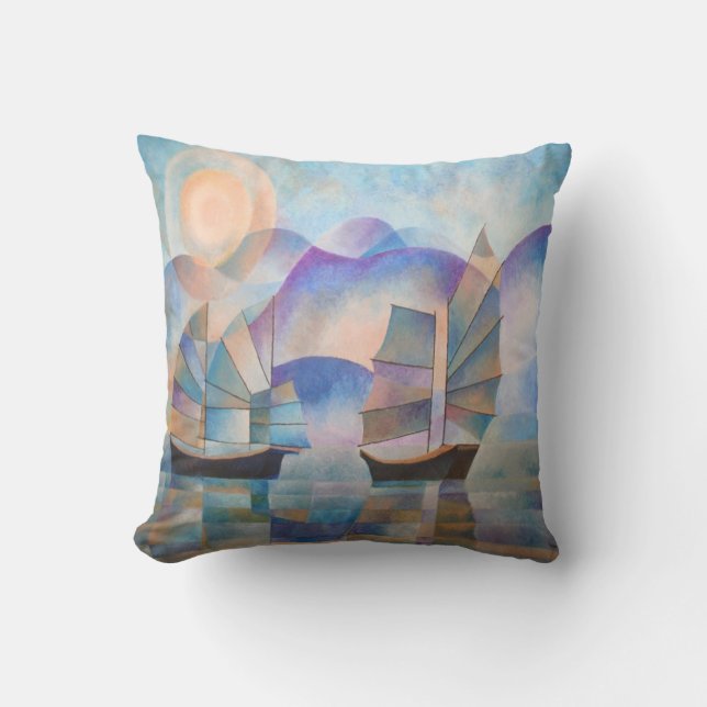 Shades of Tranquillity Oriental Junks Throw Pillow (Front)