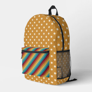 SHADES OF TURQUOISE ORANGE BROWN STRIPES & DOTS PRINTED BACKPACK