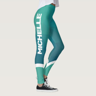 Shades of turquoise with white name stripe modern leggings
