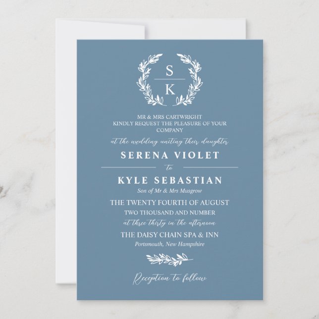 Shadow Blue Laurel Wreath Monogram Wedding Invitation (Front)