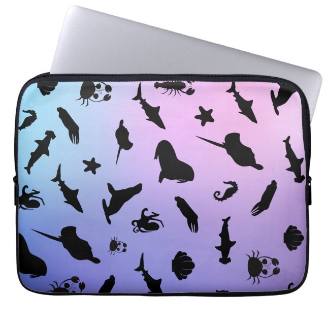 shadow fish shark seal whale crab on galaxy ocean  laptop sleeve (Front)