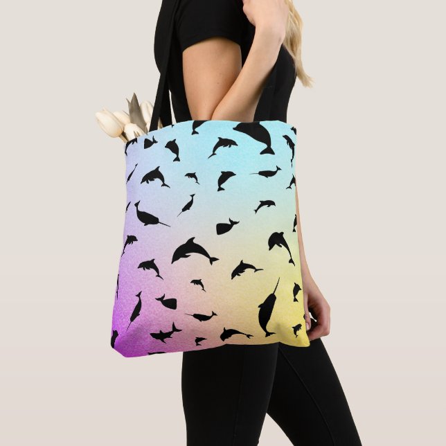Shadow fish shark whale gradient colorful galaxy tote bag (Close Up)