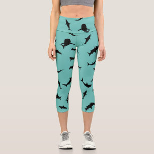 Shadow fish shark whale on gradient blue Ocean Capri Leggings