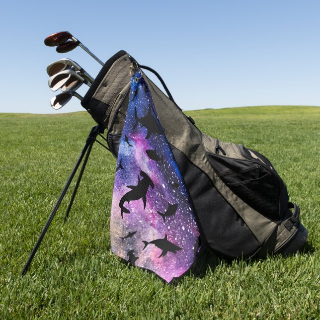 Shadow fish shark whale on gradient galaxy Space Golf Towel (Green)