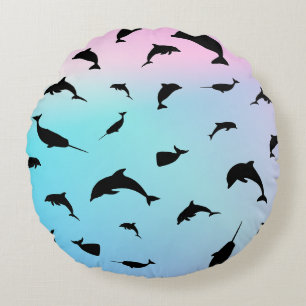 shadow fish shark whale on gradient ocean  round pillow