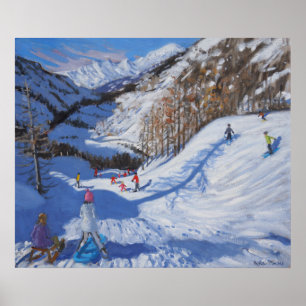 Shadow of a fir tree and skiers Tignes.2014 Poster