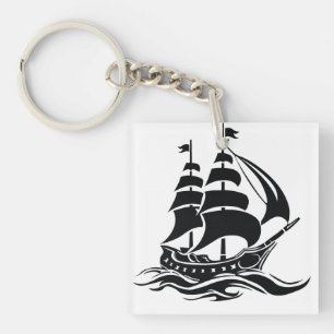 Shadow Sailing Ship – Vintage Ocean Illustration Keychain