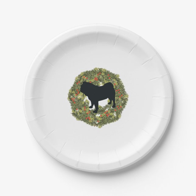 Shadow Silhouette Pug Dog in a Wreath   Paper Plate (Front)