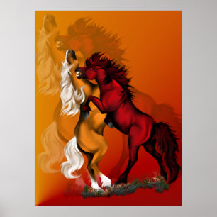 Shadowed Fighting Stallions Poster