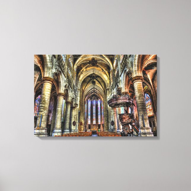 Shadowed interior of catholic church canvas print (Front)