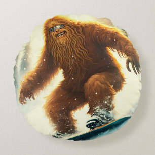 Shaggy Bigfoot Snowboarding AI Yeti Snowy Slope Round Pillow