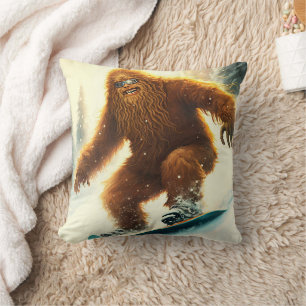 Shaggy Bigfoot Snowboarding AI Yeti Snowy Slope Throw Pillow