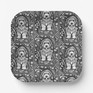 Shaggy Dog Beardie Black and White Cute Vintage Paper Plate