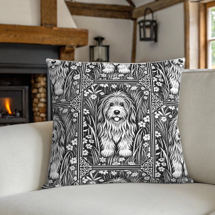 Shaggy Dog Black and White Vintage Flower Garden Throw Pillow
