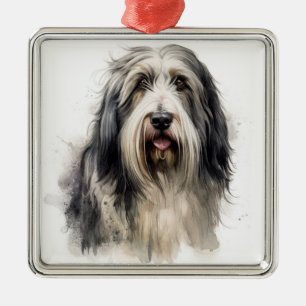 SHAGGY GRAY AND WHITE BEARDED COLLIE DOG METAL ORNAMENT