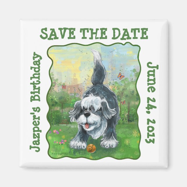 Shaggy Sheep Dog Party Centre Save the Date Magnet (Front)