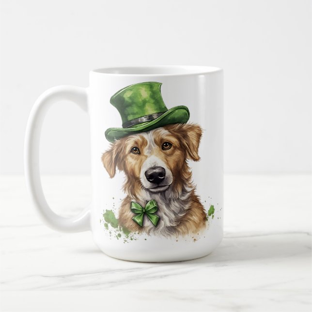 SHAGGY TAN DOG WITH GREEN IRISH HAT COFFEE MUG (Left)