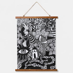 Shake It Out – Surreal Black and White Hand-Drawn Hanging Tapestry