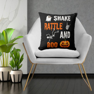 Shake, Rattle, Boo Fun Skeleton Pumpkin Halloween Throw Pillow