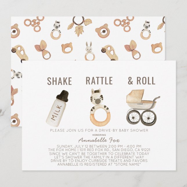 Shake Rattle & Roll Boho Drive-by Baby Shower Invitation (Front/Back)