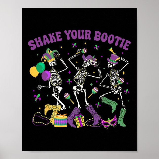 Shake Your Bootie Skeleton Mardi Gras Cowboy Boot  Poster (Front)