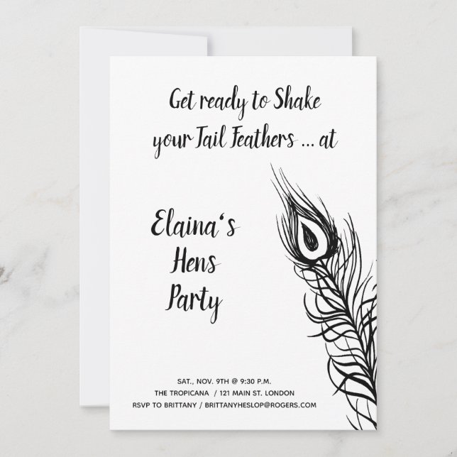 Shake your Tail Feathers Hens Party black & white Invitation (Front)